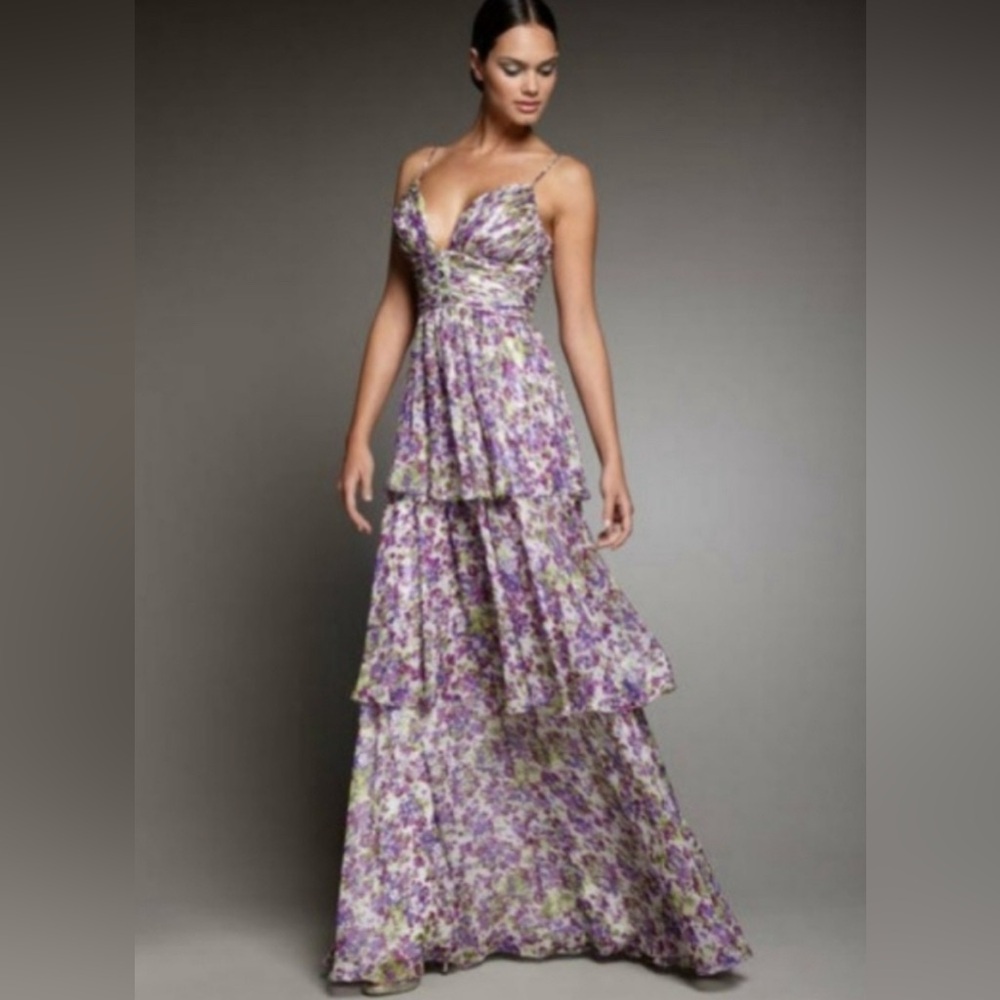AIDAN MATTOX floral v neck embellished tiered maxi
